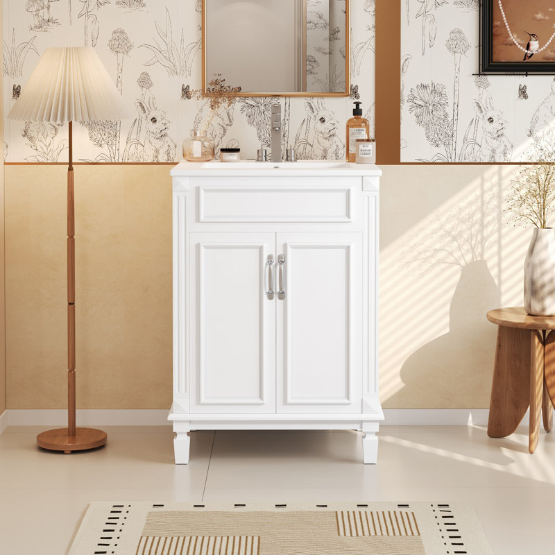 Meuble-lavabo moderne de 24 po avec lavabo, armoire de rangement en bois massif avec portes à fermeture douce et tablette réglable, blanc