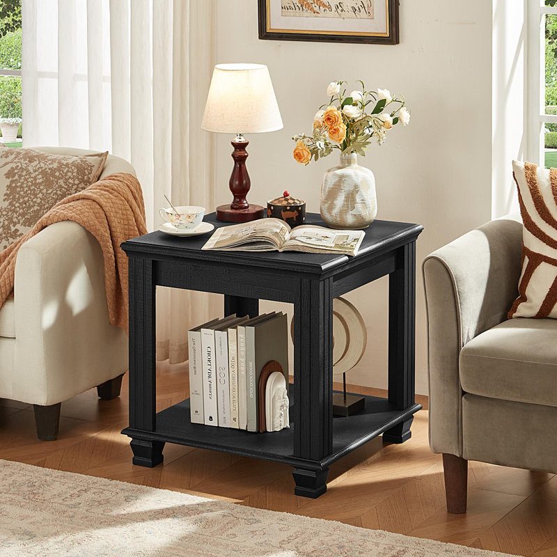 Farmhouse End Table,Large Side Table with 2-Tier Storage Shelf,Rustic Wood End Tables for Living Room,Square Tea Table (Black)