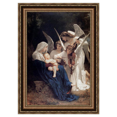 Framed Canvas Wall Art Giclee Print, The Virgin of the Angels by William Adolphe Bouguereau, Religious Angels Painting for Living Room Home Office(Vintage Embossed Gold Frame,28"x40")