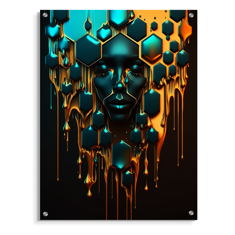 Art hexagonal avec visage de femme II - art mural mode en acrylique pour le salon, H 32 po x l 24 po