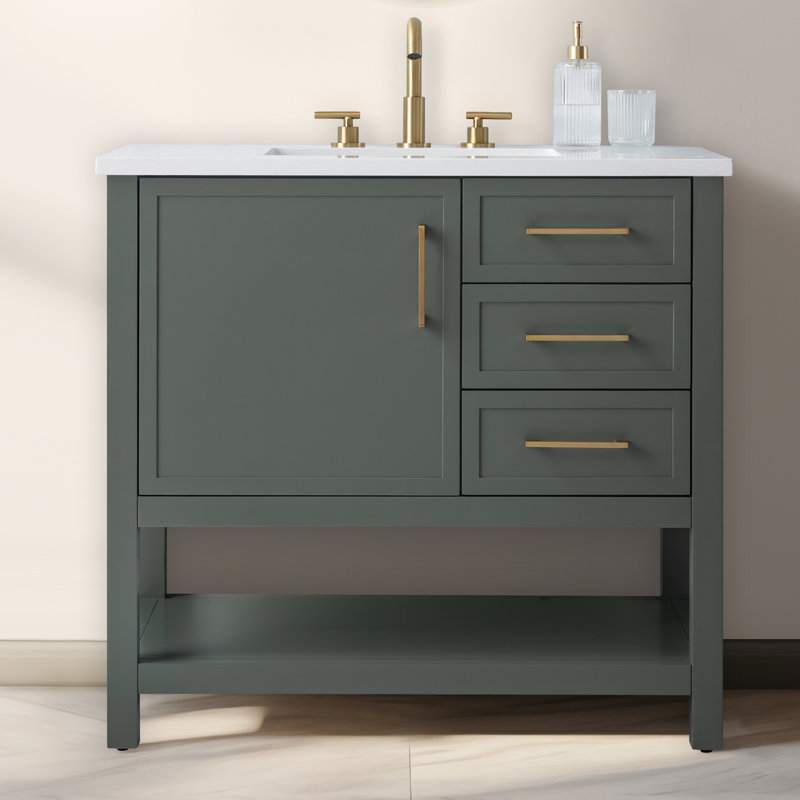 Ensemble de meuble-lavabo simple 36 po Vicini, Vert rétro / or brossé