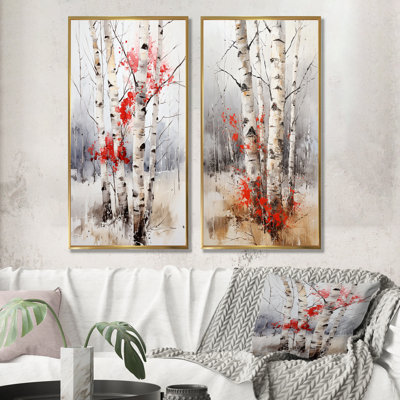 «Red Brich Wood In Winter - Tree Birch», ensemble de 2 reproductions d'art sur toile