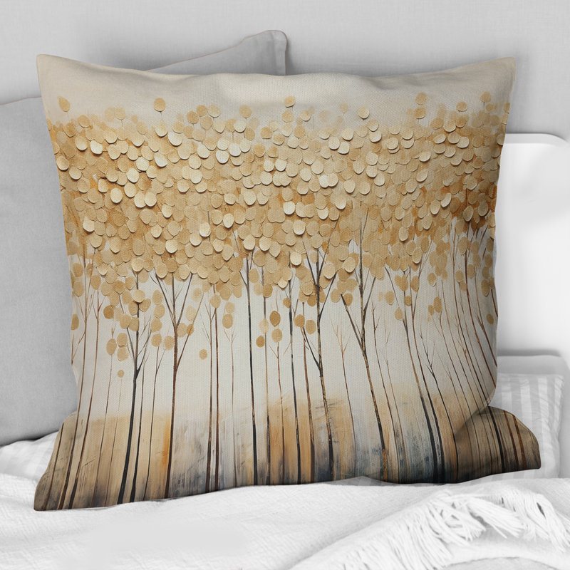 Minimalisme Golden Trees Harmony - Coussin décoratif imprimé arbres, 16" x 16"