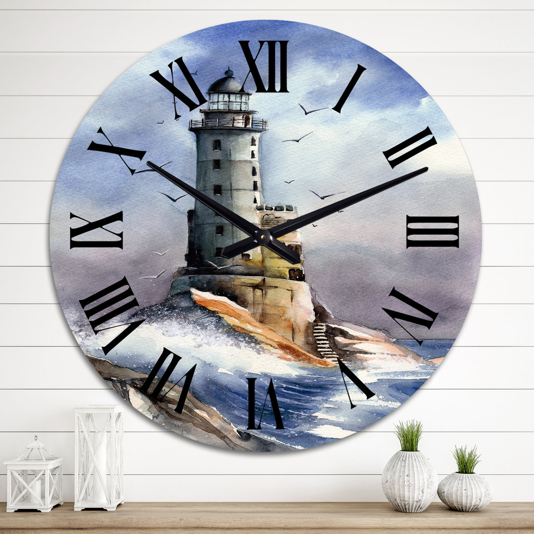 Abandoned Lighthouse With seagulls Circling - Nautical & Coastal wall clock East Urban Home 