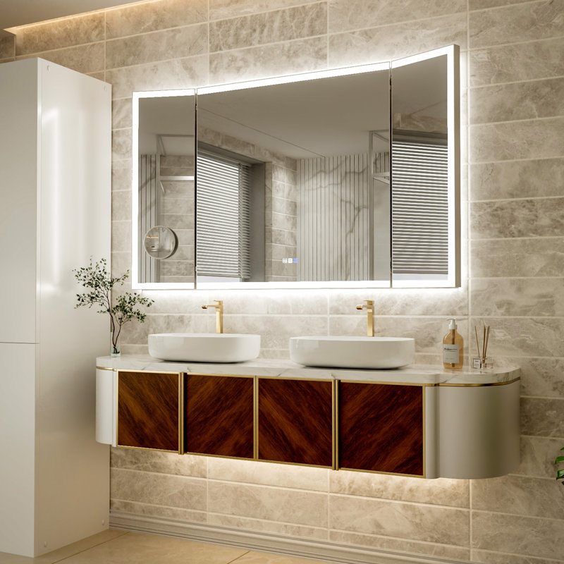 Smart Tri-Fold Bathroom Vanity Mirror Front/Backlit Lighting With Dual Light Strips With Movable Magnetic Magnifier