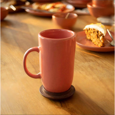 Tasse | Grande tasse à café en céramique pêche avec couvercle en bois 13,5 oz