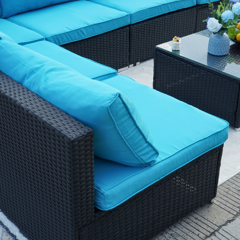 Siardus 110.2'' Wide Reversible Steel Patio Sectional with Cushions, Black, Blue