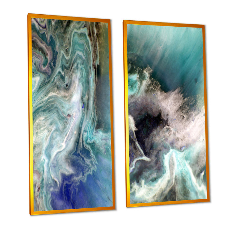 Turquoise, art liquide - ensemble de 2 peintures sur toiles, H 20 po x l 24 po x P 1 po, Cadre photo doré