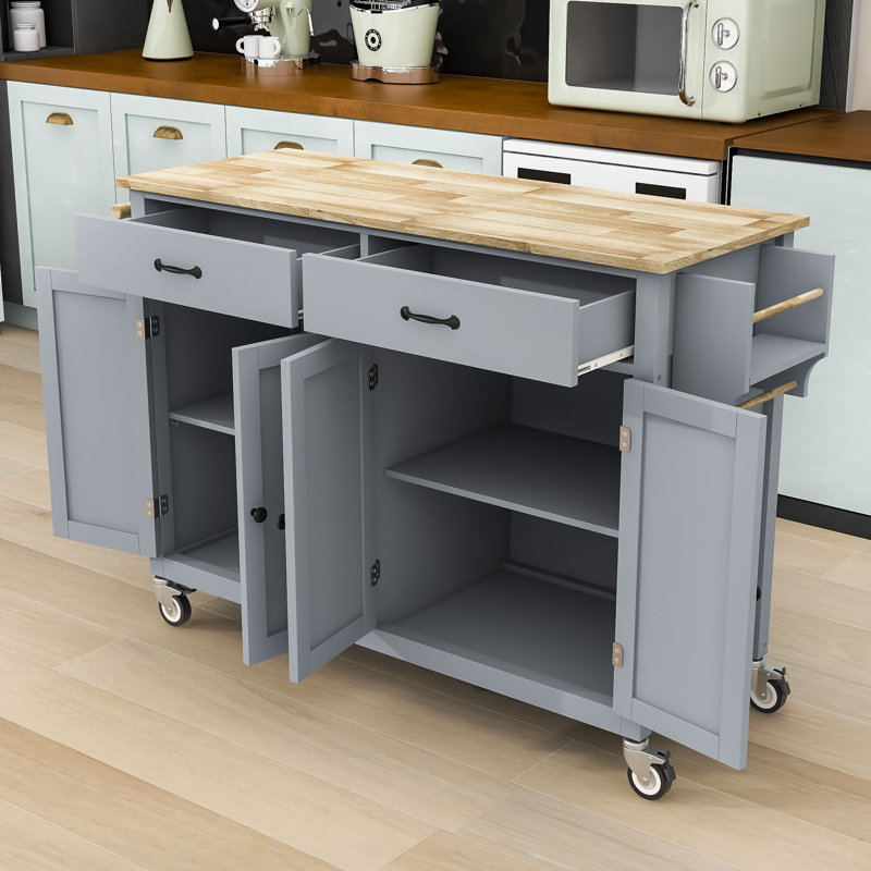 Dashane Kitchen Island Cart with Solid Wood Top, Adjustable Shelves and Cabinet, Gray Blue