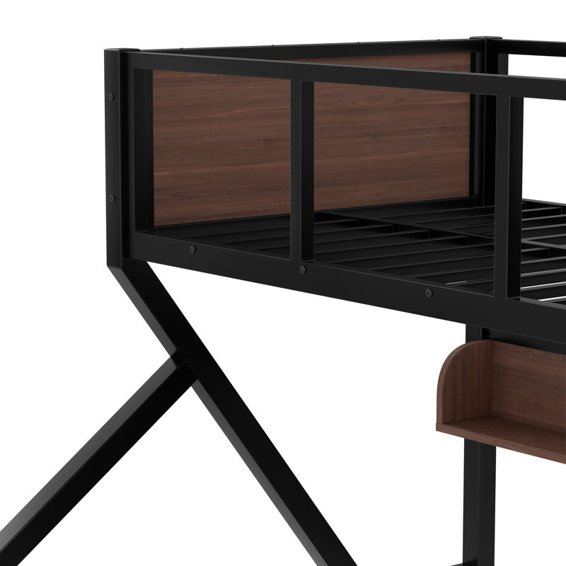 Lit superposé simple au-dessus de grand lit simple avec tablettes de rangement et lumières, lit superposé en métal pour adultes et adolescents, silencieux, cadre peu encombrant, sans sommier, noir