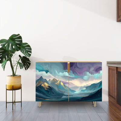 Buffet buffet avec rangement Abstrait paysage de montagne, accents dorés, vagues turquoise avec 2 portes pour le salon et la cuisine