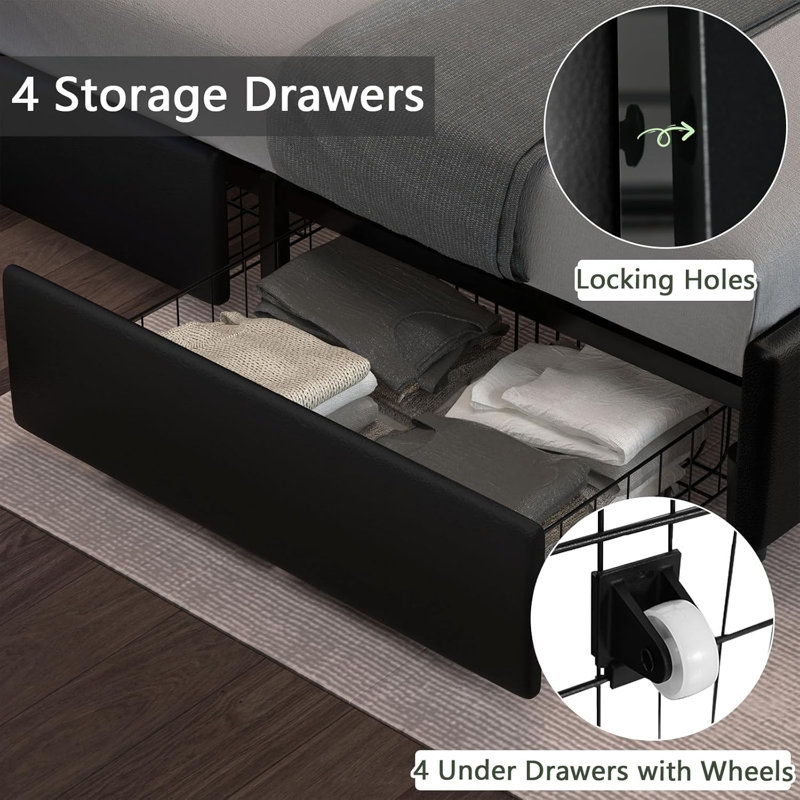 Upholstered Bed Frame with 4 Storage Drawers,LED Headboard,Heavy Duty Wood Slat Support, Black, Queen