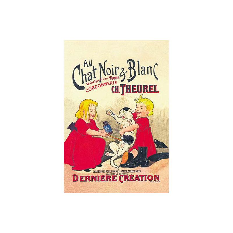 Publicité rétro noir et blanc au chat, H 42 po x l 28 po x P 1,5 po
