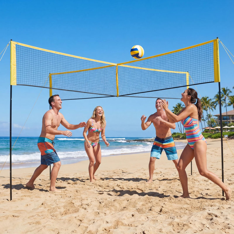 Ensemble de 4 filets de volleyball carrés 14 pi, 3 hauteurs réglables, filet de polyéthylène portatif avec sac de pompe à balle pour les jeux de plage