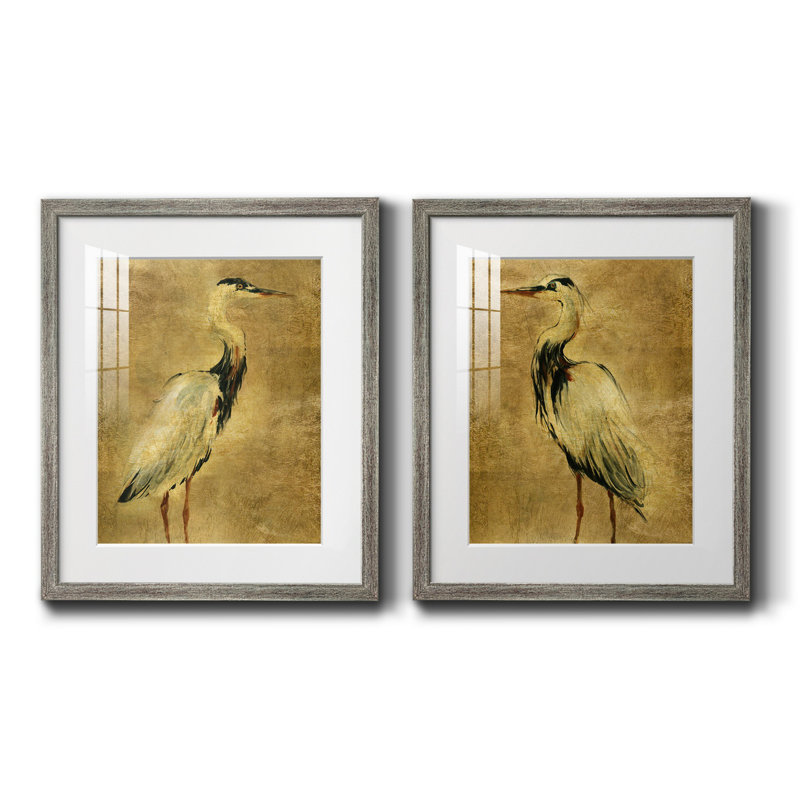 «Gold Crane At Dusk I», reproduction encadrée de qualité supérieure, prête à être accrochée