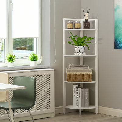 4 Tier Corner Shelf, 46.5-Inch Tall Bookshelf, Display Rack With Metal Frame, Round Shelf Unit, Small Stand for Bathroom, Living Room, Home, Office, White