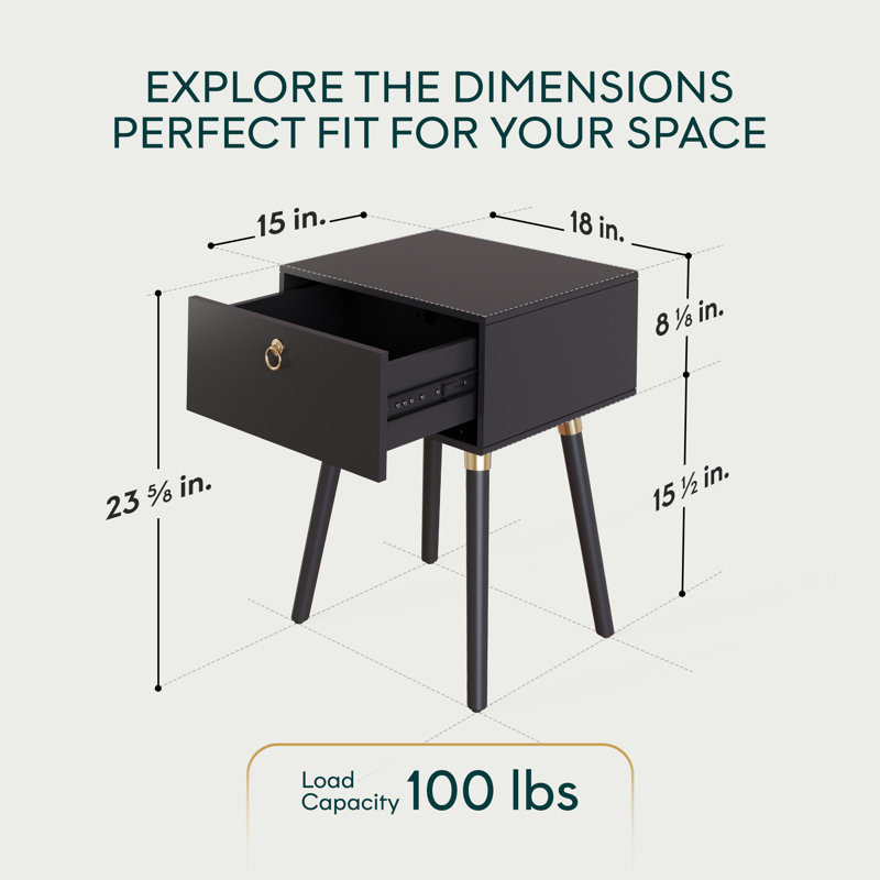 Alden Solid Wood 1-Drawer Nightstand, Black