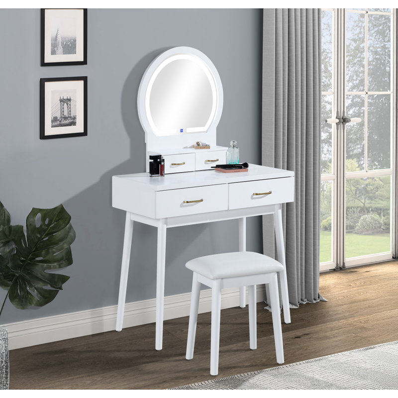Ensemble de coiffeuse 3 pièces avec miroir à DEL, tabouret rembourré, 2 tiroirs, blanc