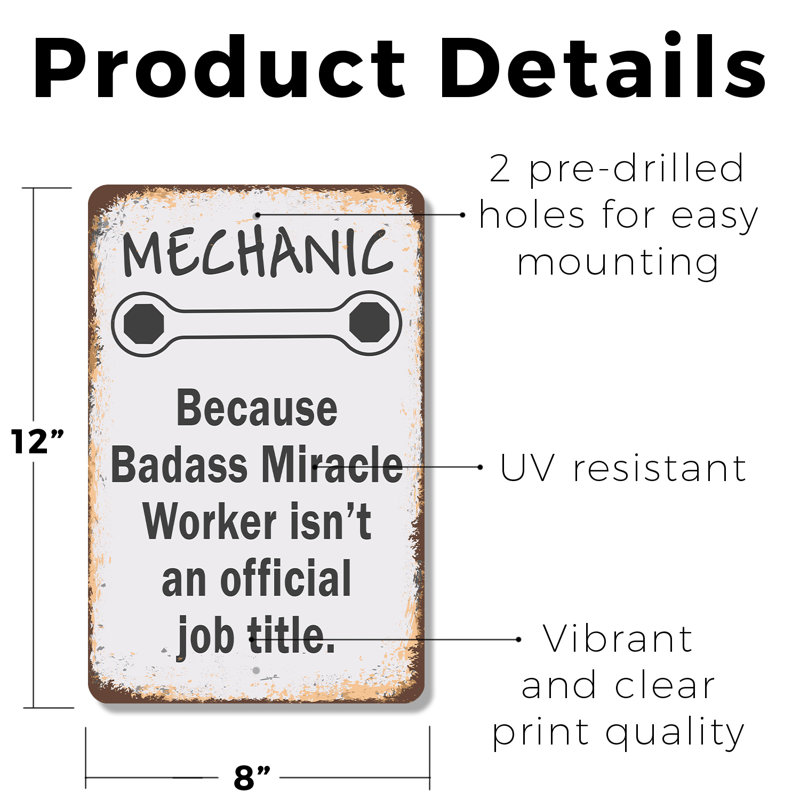 Enseigne en plastique 8 po x 12 po Mécanicien Parce que Badass Miracle Worker