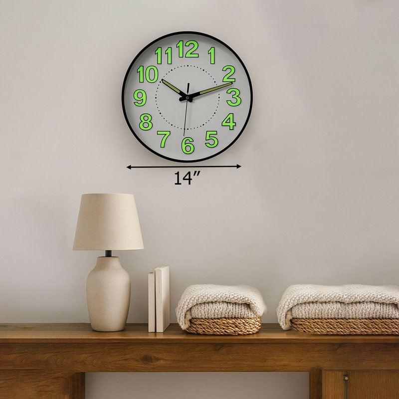 14" Decorative Glow In The Dark Quartz Wall Clock Battery Operated Classic Round Design Luminous Green Numbers & Hands Easy To Read Face For Home Office Classroom Hotel & Restaurant, Black