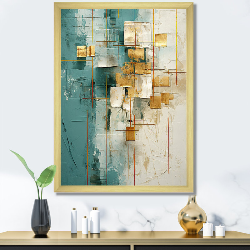 «California Sunshine Retro Abstract Gold Teal», reproduction d'art sur toile, H 32 po x l 24 po x P 1 po, Cadre doré simple