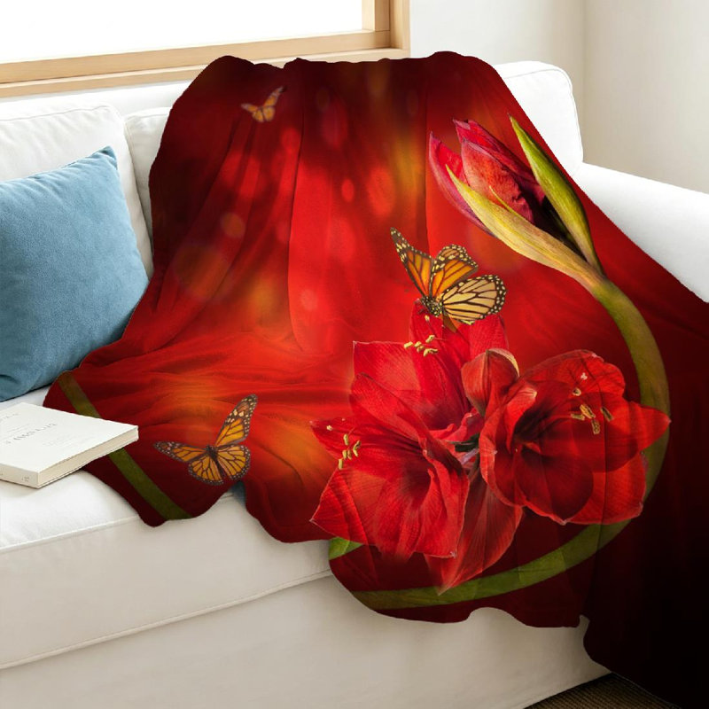Jeté en molleton rouge flanelle ultra douce, imprimé fleurs recto, Jeté 40 po x 50 po