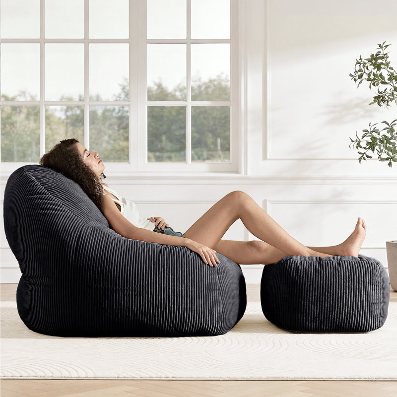 46" W Corduroy Bean Bag Chair Set for Adults with Ottoman Memory Foam Lazy Floor Sofa, Dark Gray Corduroy