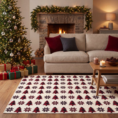 Smithy moderne géométrique rouge noir crème antidérapant à poils bas intérieur extérieur animaux de compagnie accueillant salon chambre à coucher entrée vestibule bureau paillasson tapis de Noël coureur des fêtes flocons de neige saisonniers et petite cuisine tapis très fréquenté lavable