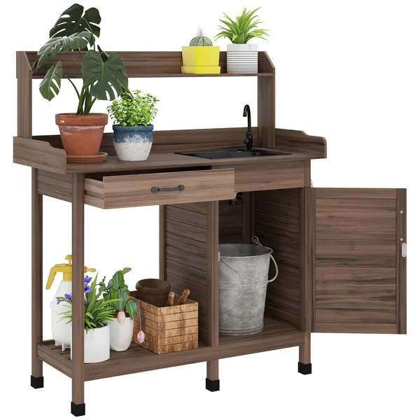Potting Bench Table with Sink, Outdoor Work Bench Table with Storage Cabinet and Hooks, for Greenhouse, Garden, Patio, Dark Brown