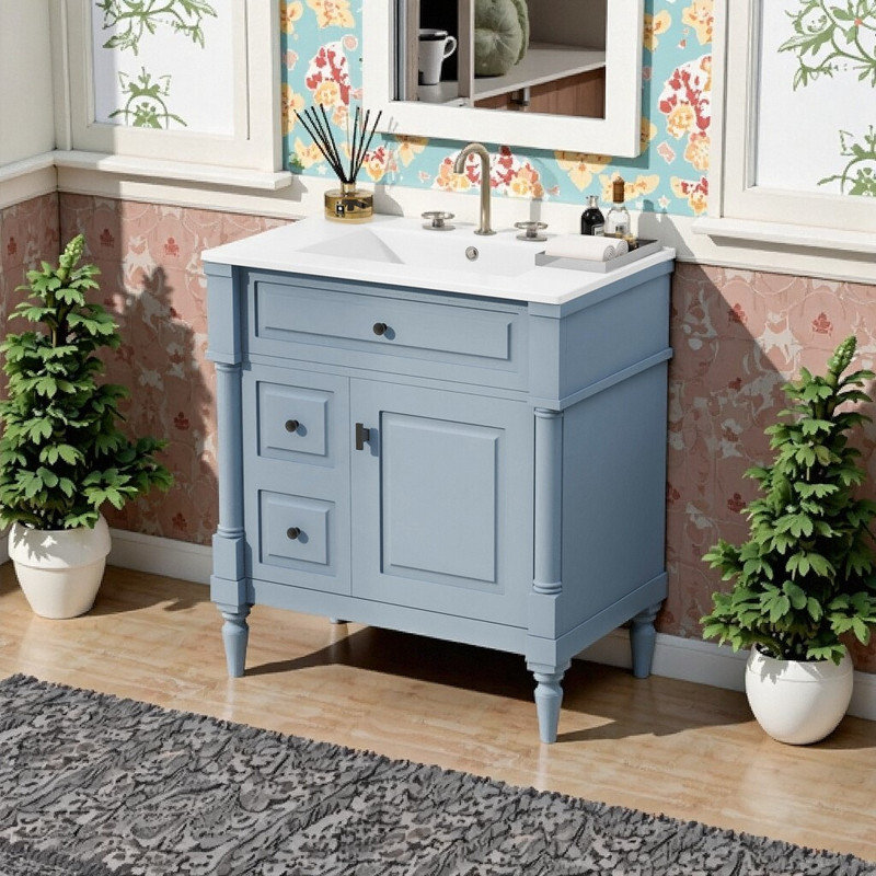 30" Freestanding Bathroom Vanity With Ceramic Sink Solid Rubberwood Frame & Flip Drawer Storage, Blue/Gray