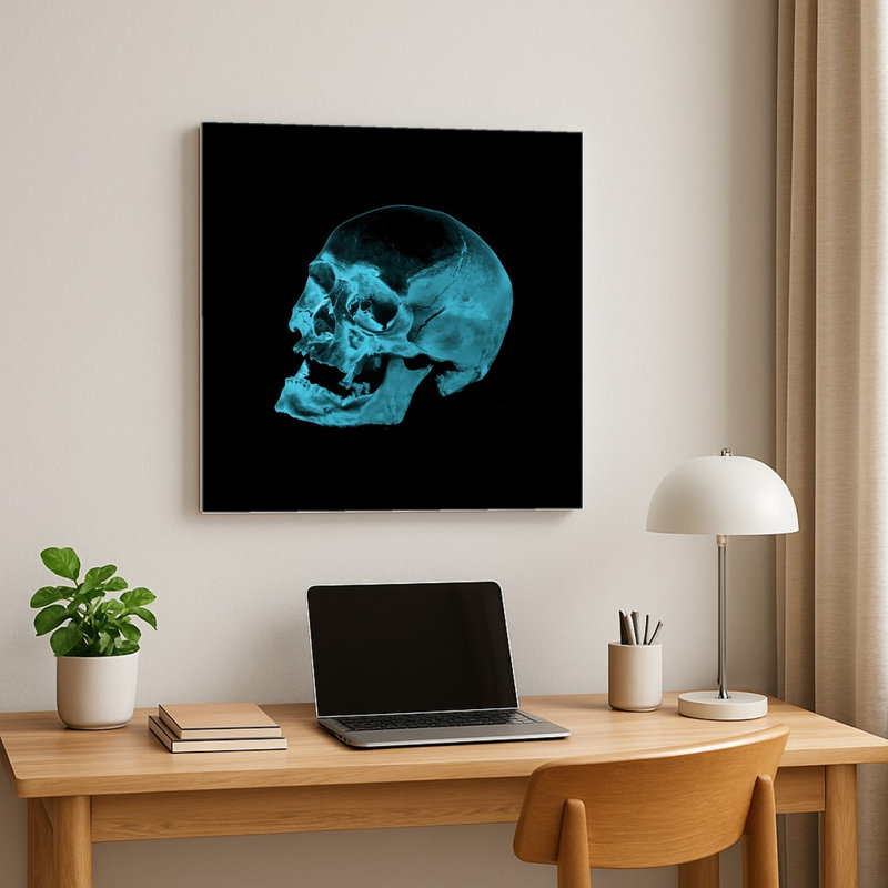 Étude du crâne cyan — Décoration murale carrée en métal, H 32 po x l 32 po