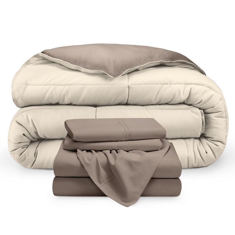 Lit dans un sac réversible en microfibre, Sable / taupe, taupe, Édredon très grand et 2 taies d'oreiller
