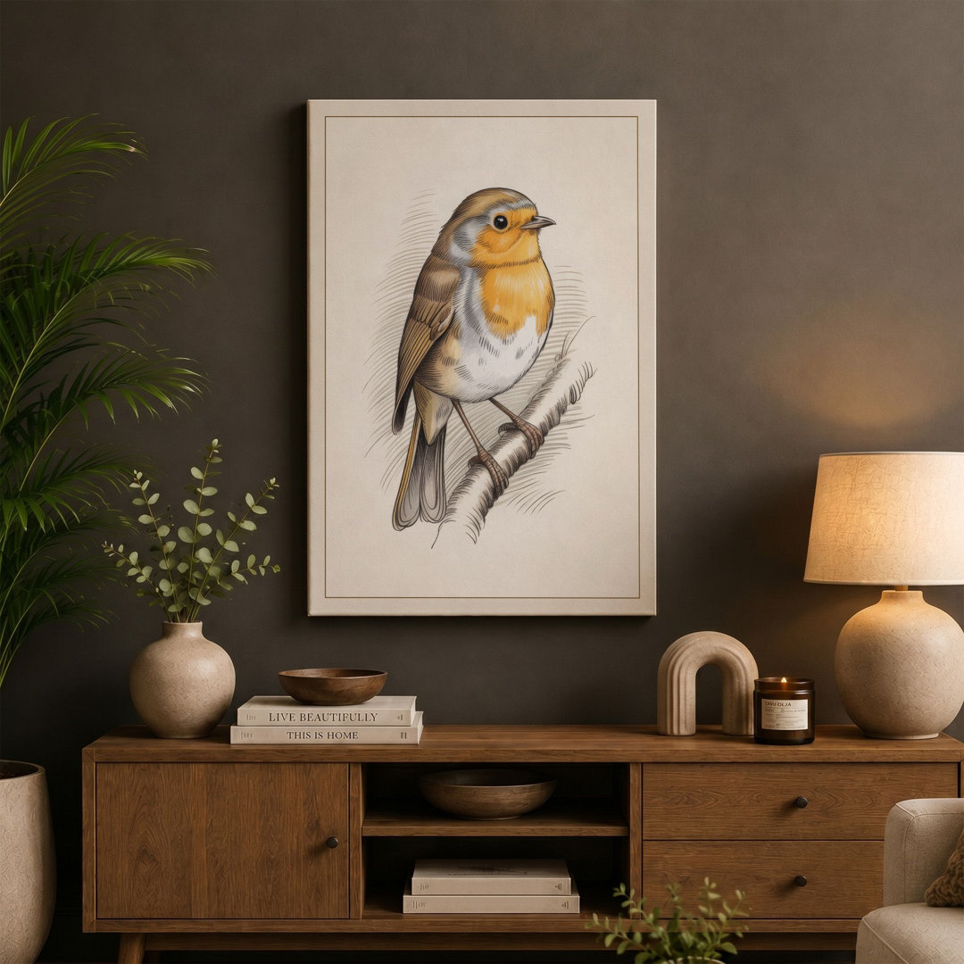 Robin on Branch Botanical - Wrapped Canvas
