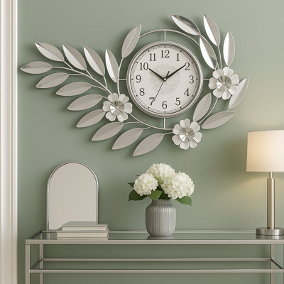 Large Silver Metal Wall Clock, Modern Floral Silent Quartz Decor For Living Room & Home, Analog Decorative Clock