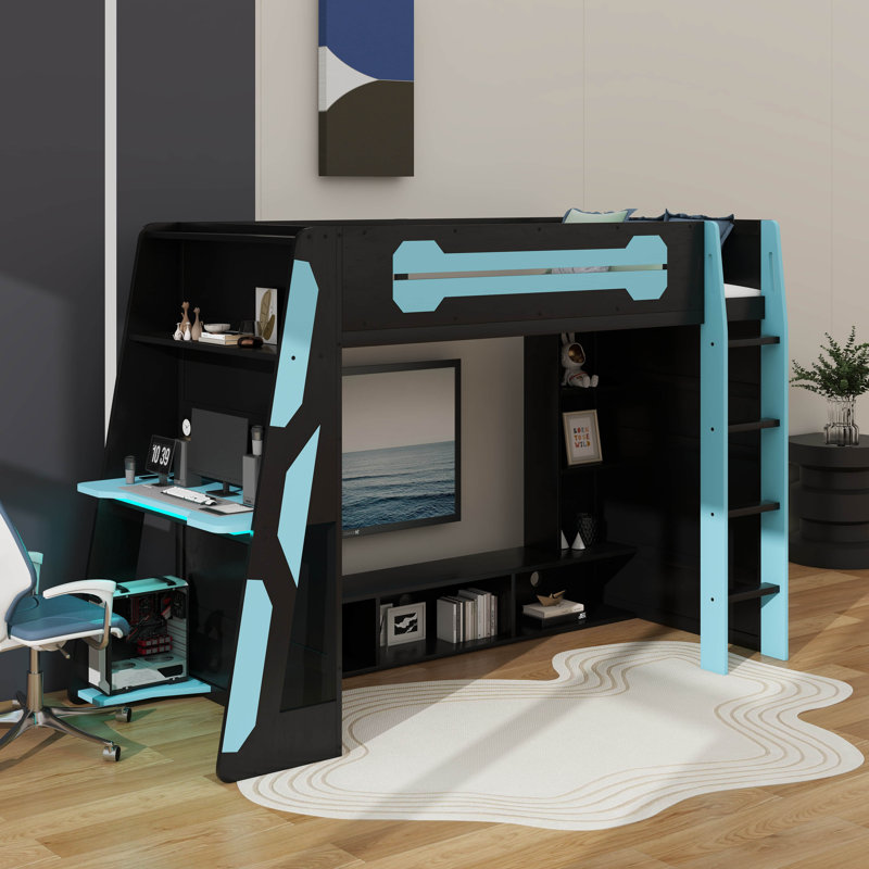 Twin Size Wood Loft Bed With Desk,And RGB Light, Cloud Blue
