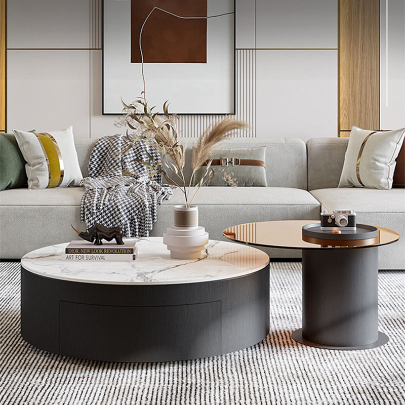 Round stone slab coffee table set, 11.8" H x 39.4" L x 39.4" W