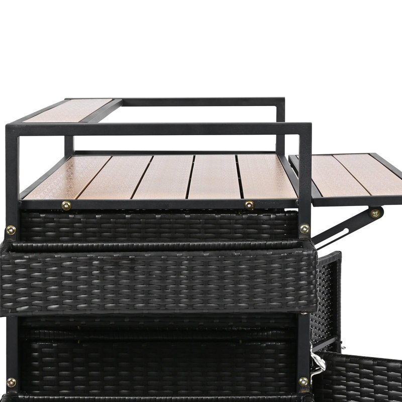 Chariot-bar extérieur en osier sur roulettes de 52 po de largeur avec plateau en bois et armoire de rangement en plastique