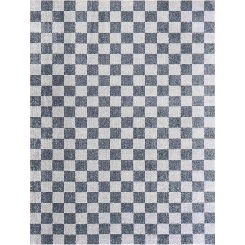 Brunetti Checkered Machine Woven Polyester Area Rug in Blue, Round 6'7"