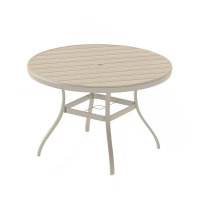 Outdoor Round Patio Dining Table For 4 6, All Weather Metal Dining Table With Umbrella Hole For Deck Lawn Garden Backyard, Sandstone