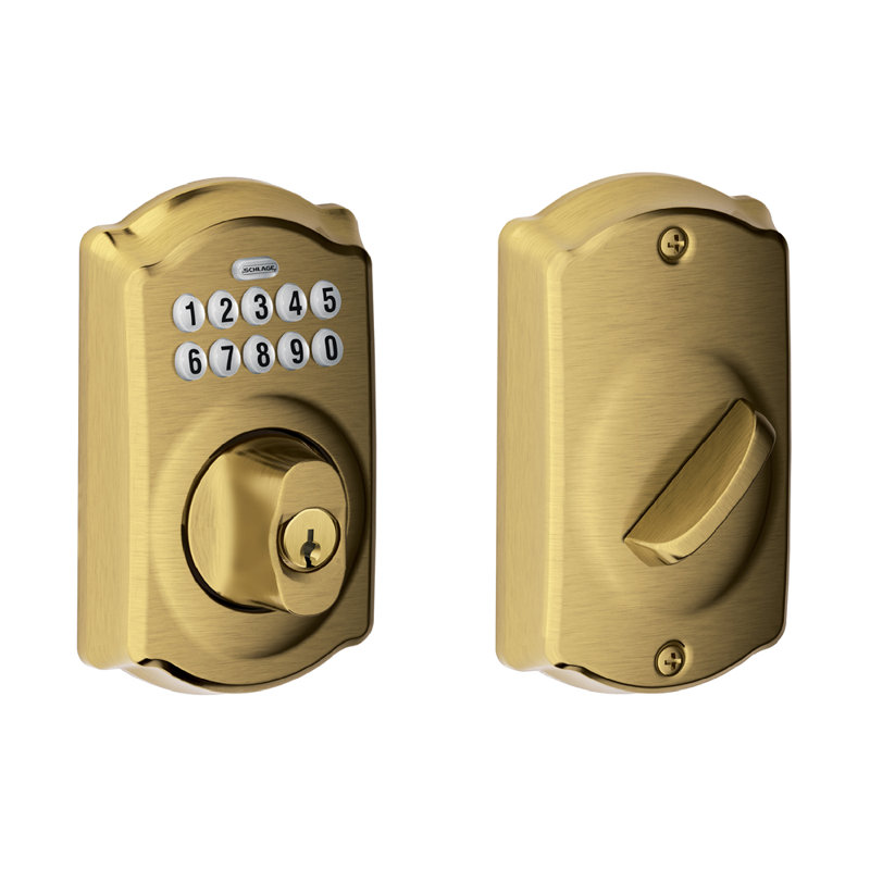 Schlage Keypad Deadbolt with Camelot Trim, Antique Brass, Yes