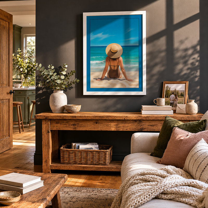 Woman by the Sea Coastal - Framed Print, A1 - 84.1 x 59.4 cm, White