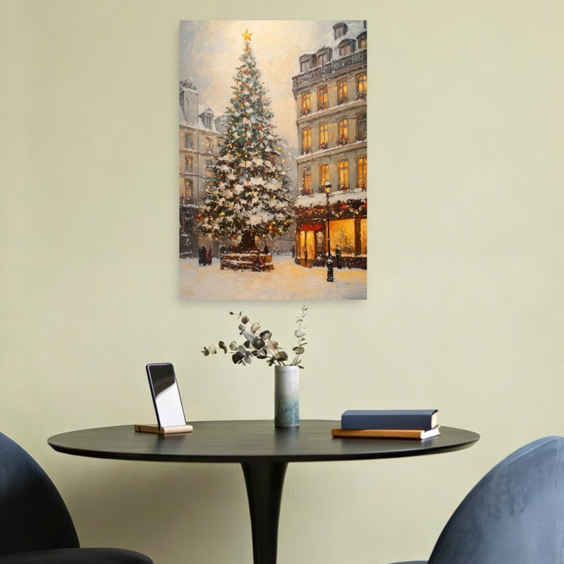 Snowy Paris Christmas Romantic Abstract Contemporary Christmas Tree City Wall Art Print 1 Piece Wrapped Canvas Wall Art