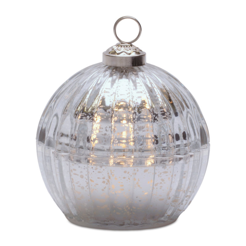 Glass Ornament with LED Candle Inside 4"D, Argent