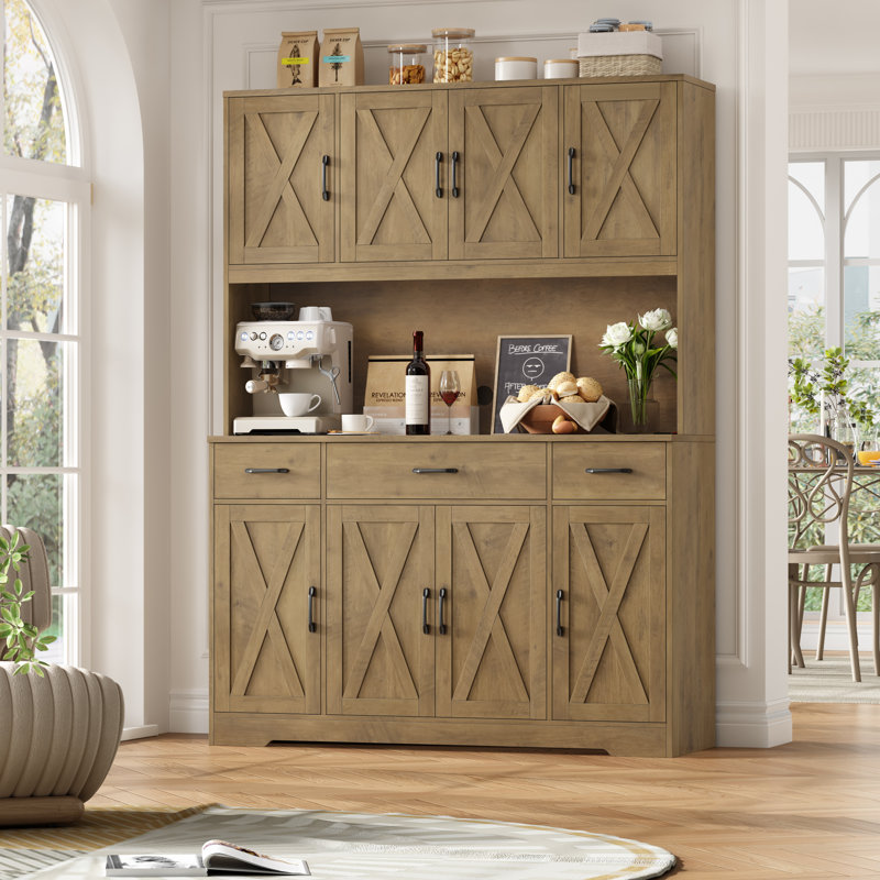 Frostia 70.9"H Kitchen Pantry With Charge Station, 55.1"W Farmhouse Style Pantry Cabinet with Microwave Shelf & Adjustable Shelves