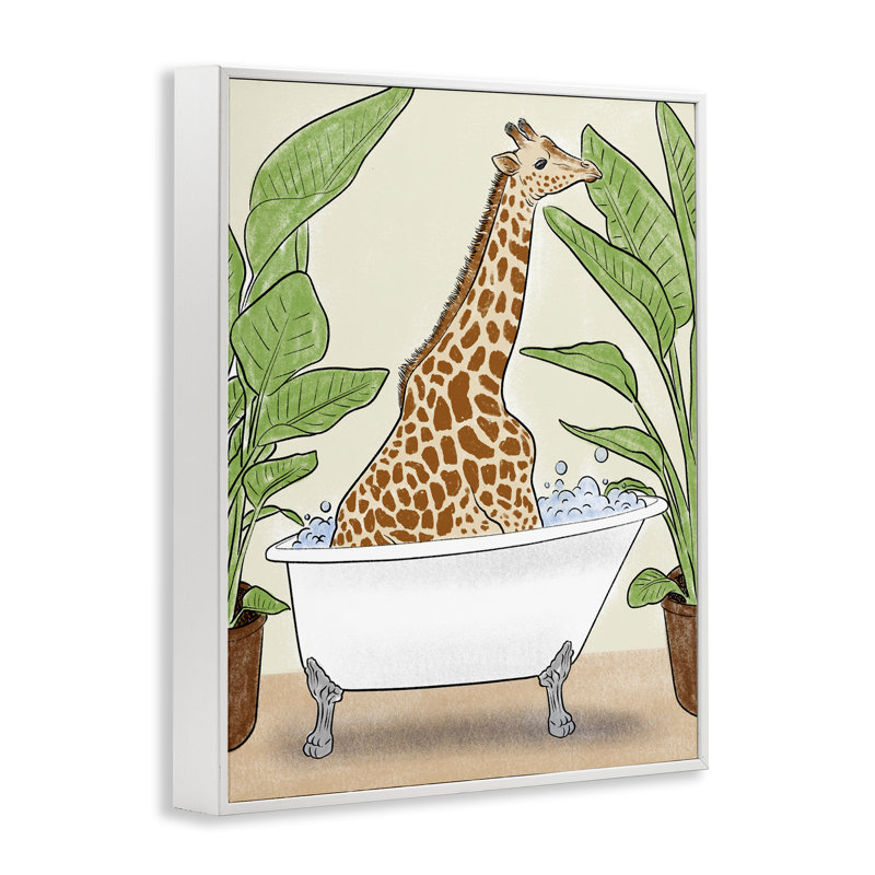Bathing Giraffe & Plants Framed Giclee, design by Marcus Prime, 14" H x 11" W, Coastal White Framed Giclee