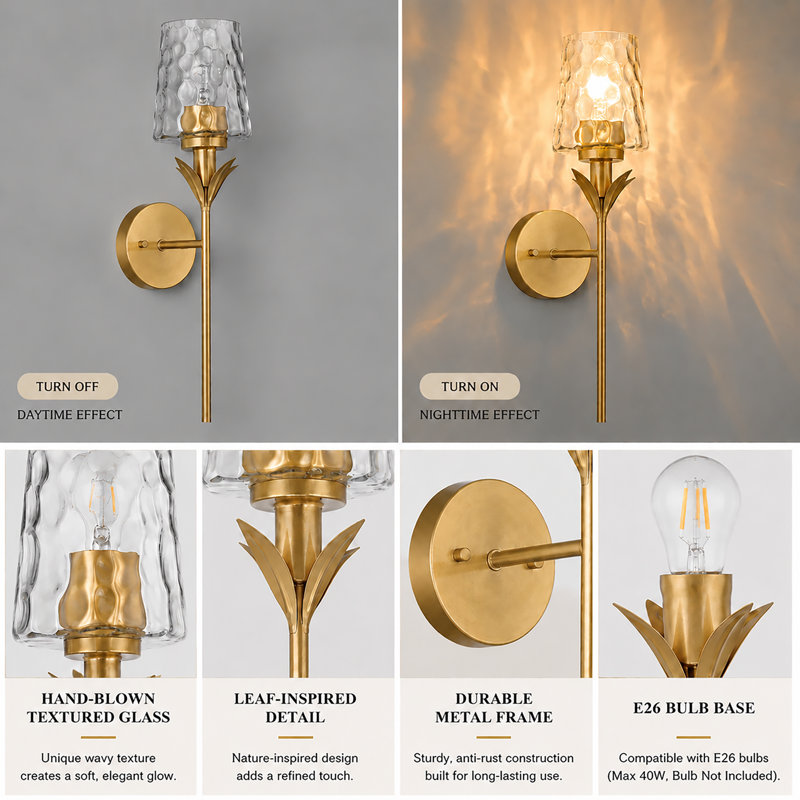 1-Light Steel Gold Dimmable Wallchiere Wall Sconce with Clear Wave Glass