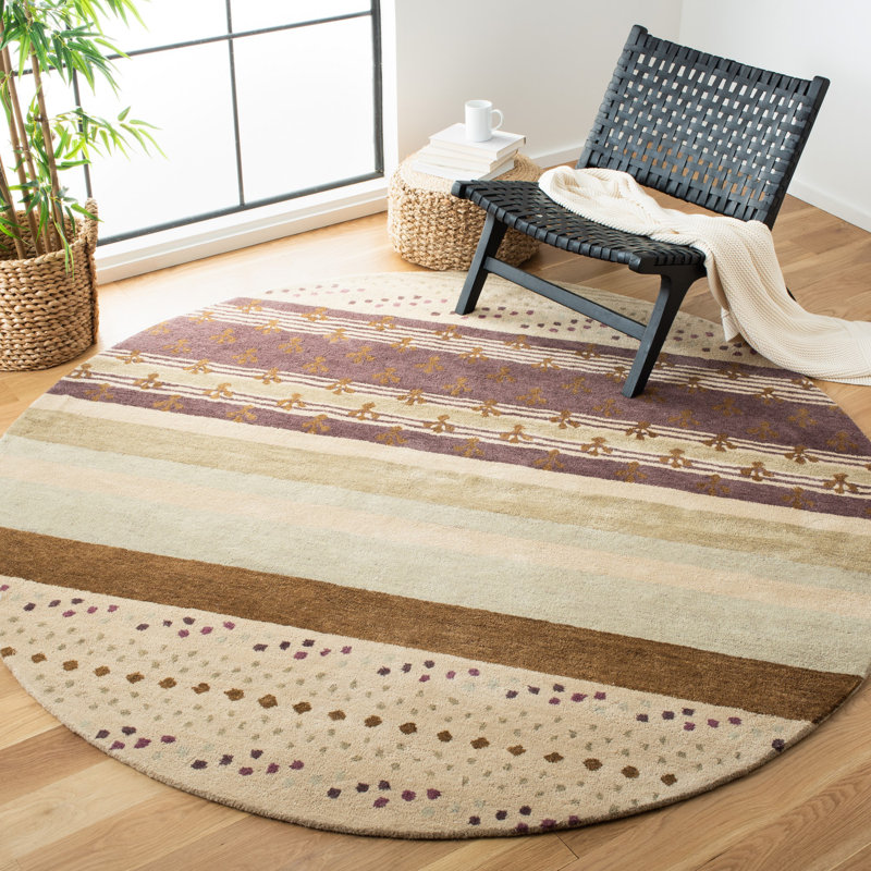 Eaton Hand Tufted Wool/Cotton Striped Rug in Ivory/Brown, Round 7'