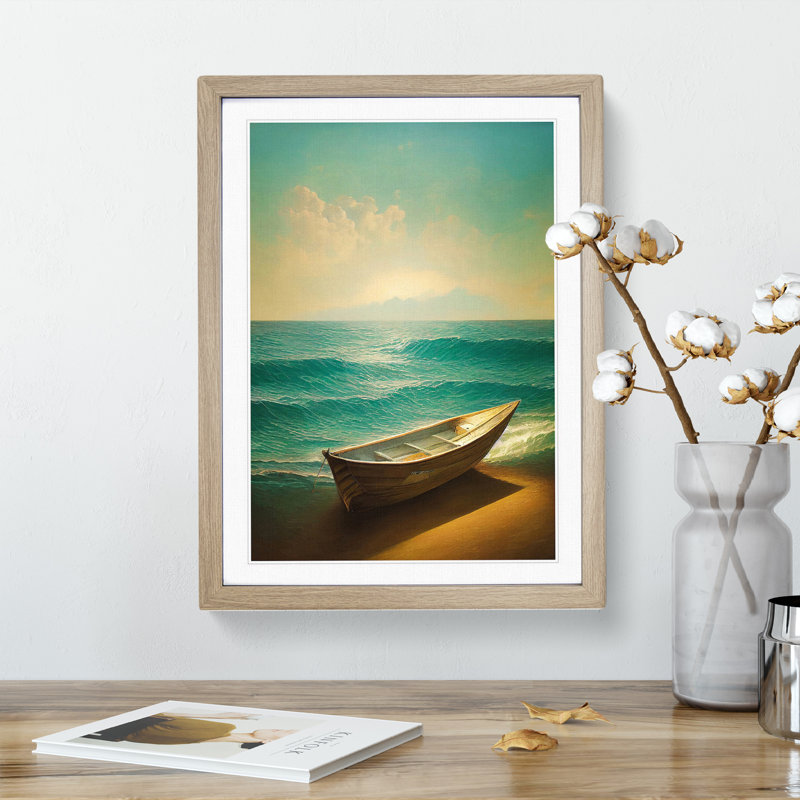 XV1022-1134X Boat On The Beach - Print, 66cm H x 48cm W x 2cm D, Oak Framed, White