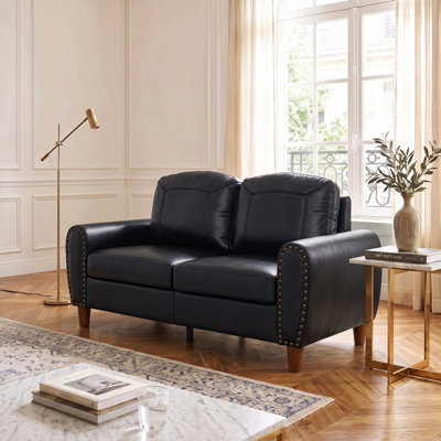 Faux Leather Sofa Couch, Upholstered Breathable PU Leather Sofa with Round Arms, Nailhead Trim, Solid Wood Legs, Removable Zipper Cushion Covers for Living Room
