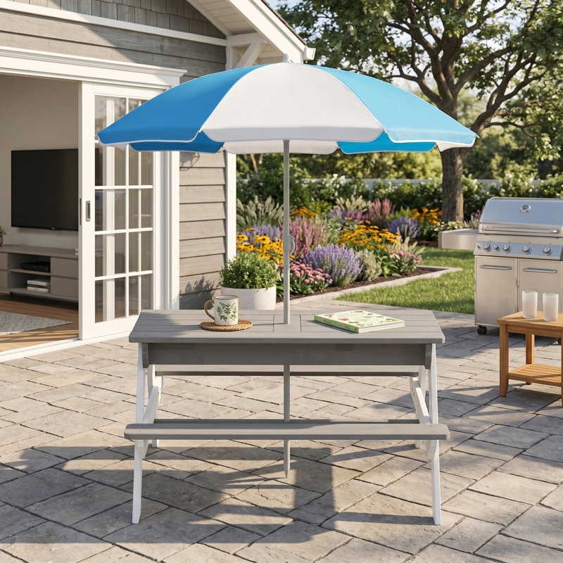 Table de pique-nique en bois 37 po 3-en-1 pour enfants avec parasol 37 po, gris